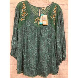 Mason & Belle Womens 3X Tempesta Lace Tunic Top Green Embroidered Paisley NWT